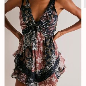 Free People Floral Patchwork Mini Dress in Black, Mauve, Cream